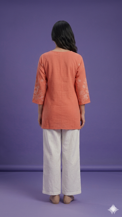 Orange Round V Neck Cotton Short Kurta