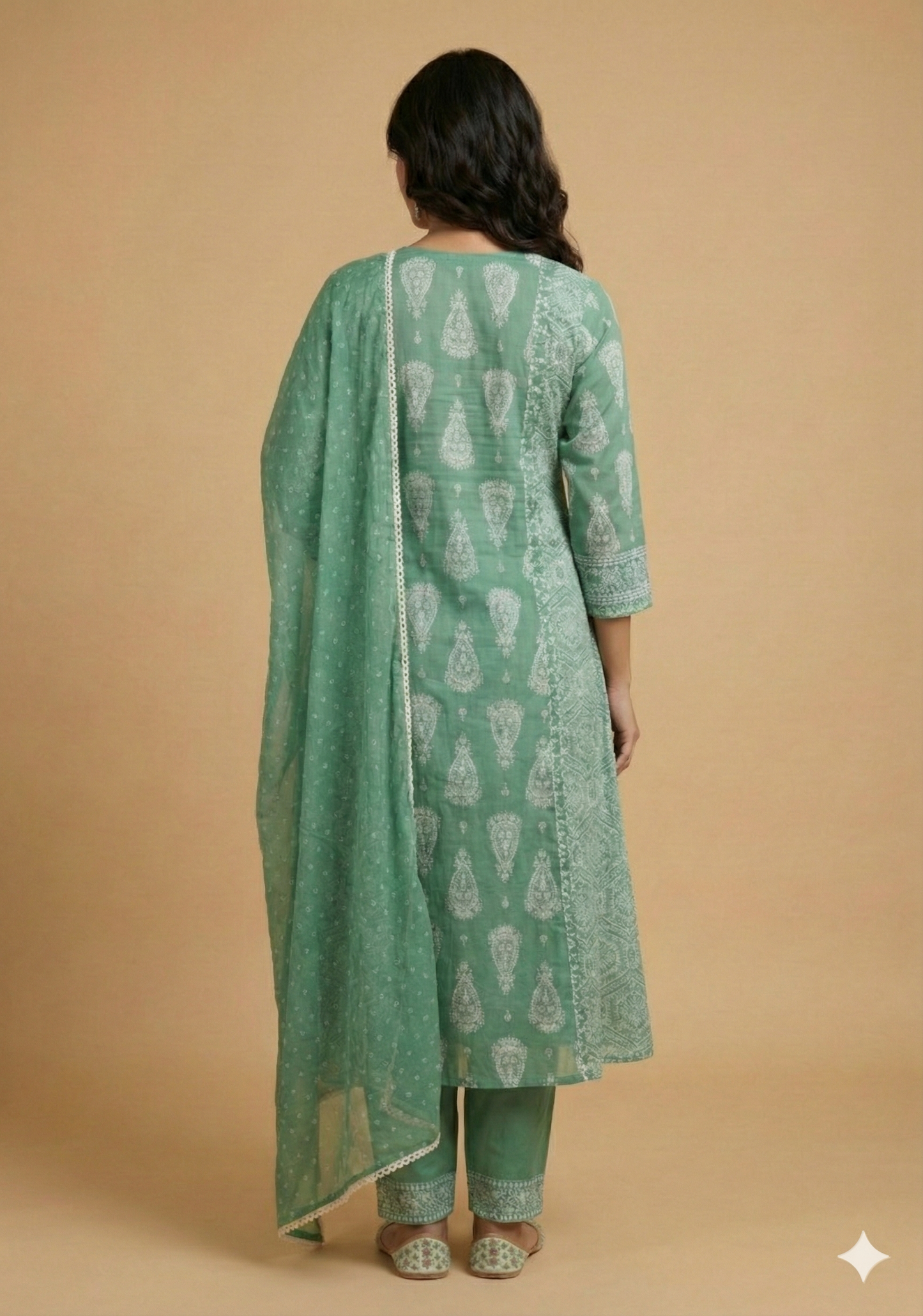 Green V Neck Cotton Kurta