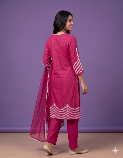 Pink V Neck Cotton Kurta Set with Dupatta