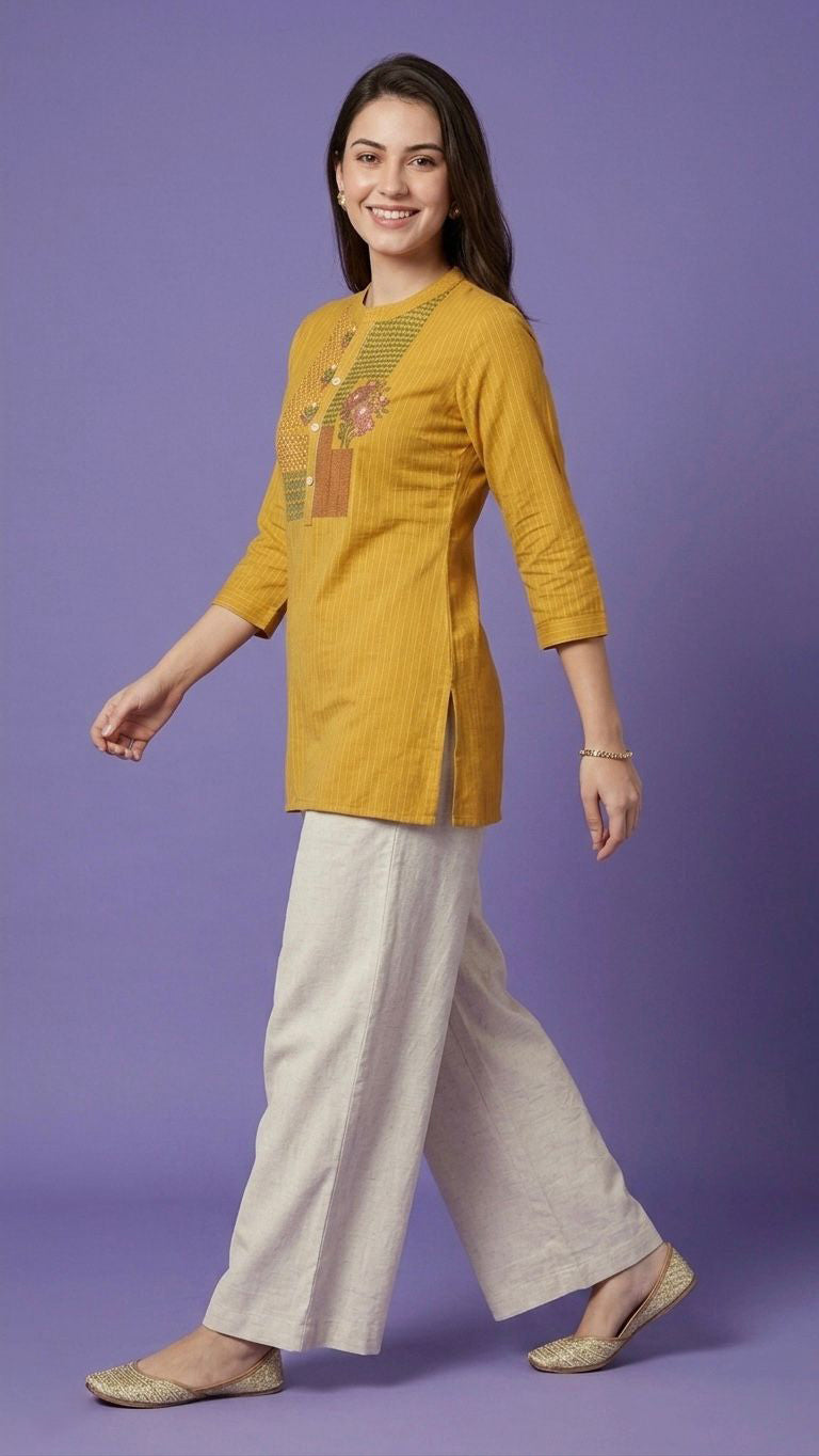 Yellow Mandarin Neck Cotton Short Kurta