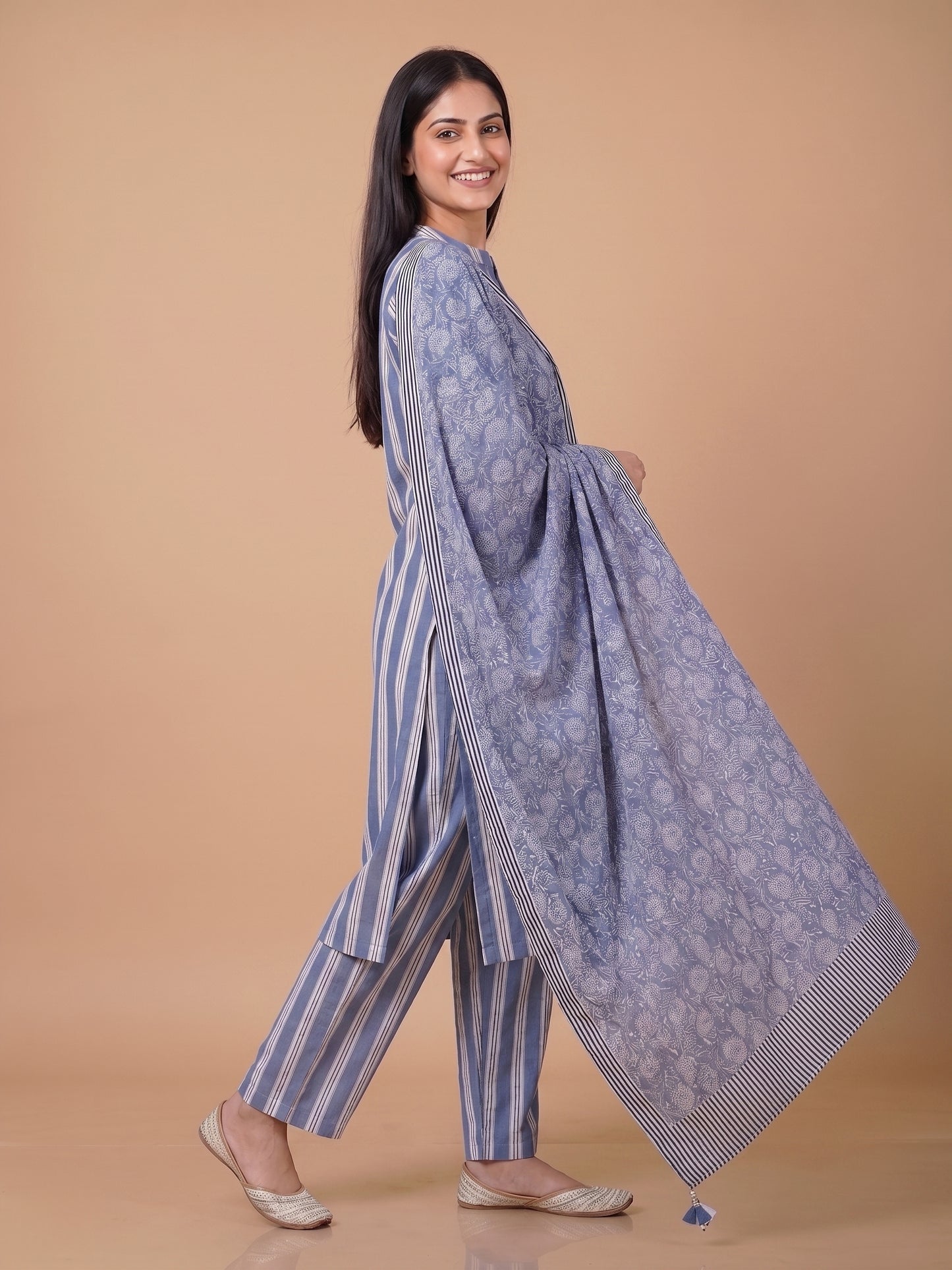 Blue Mandarin Neck Cotton Kurta Set with Dupatta