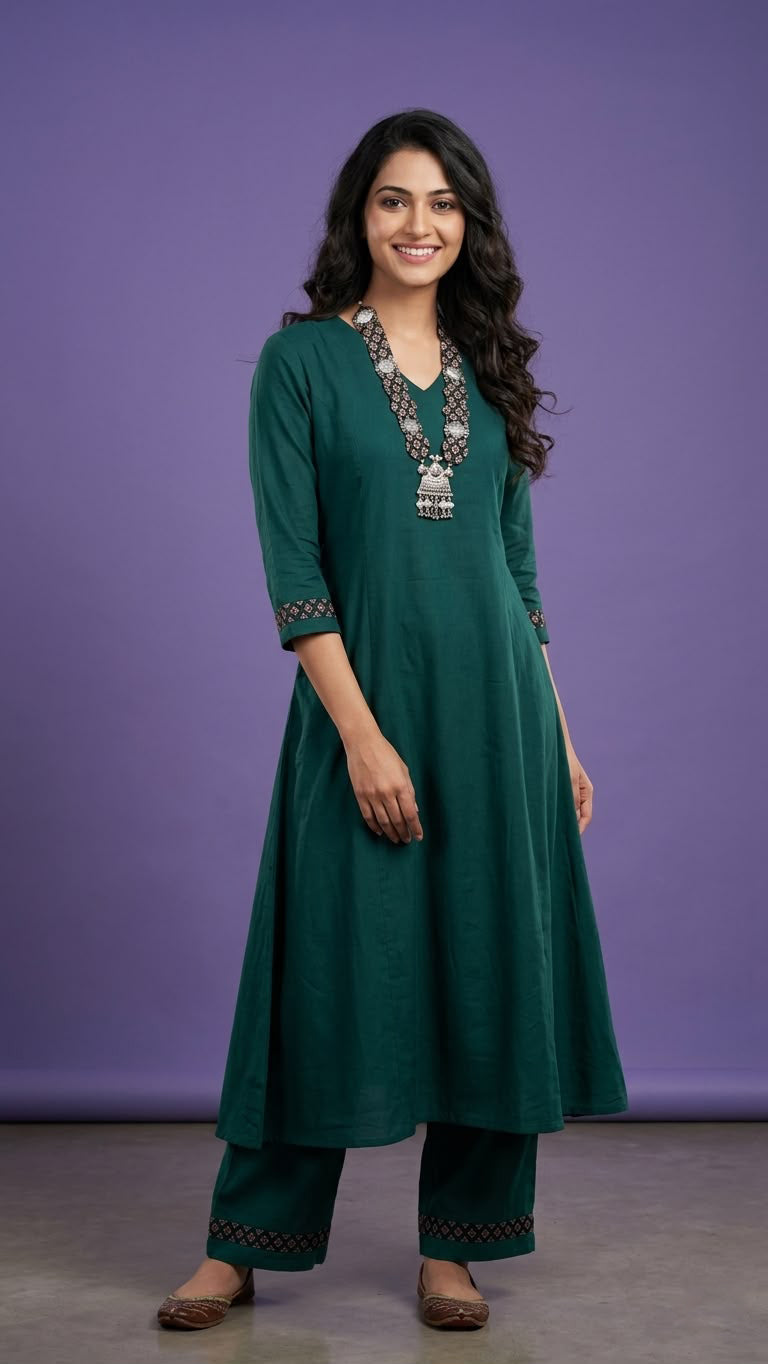 Green V Neck Slik Cord Set