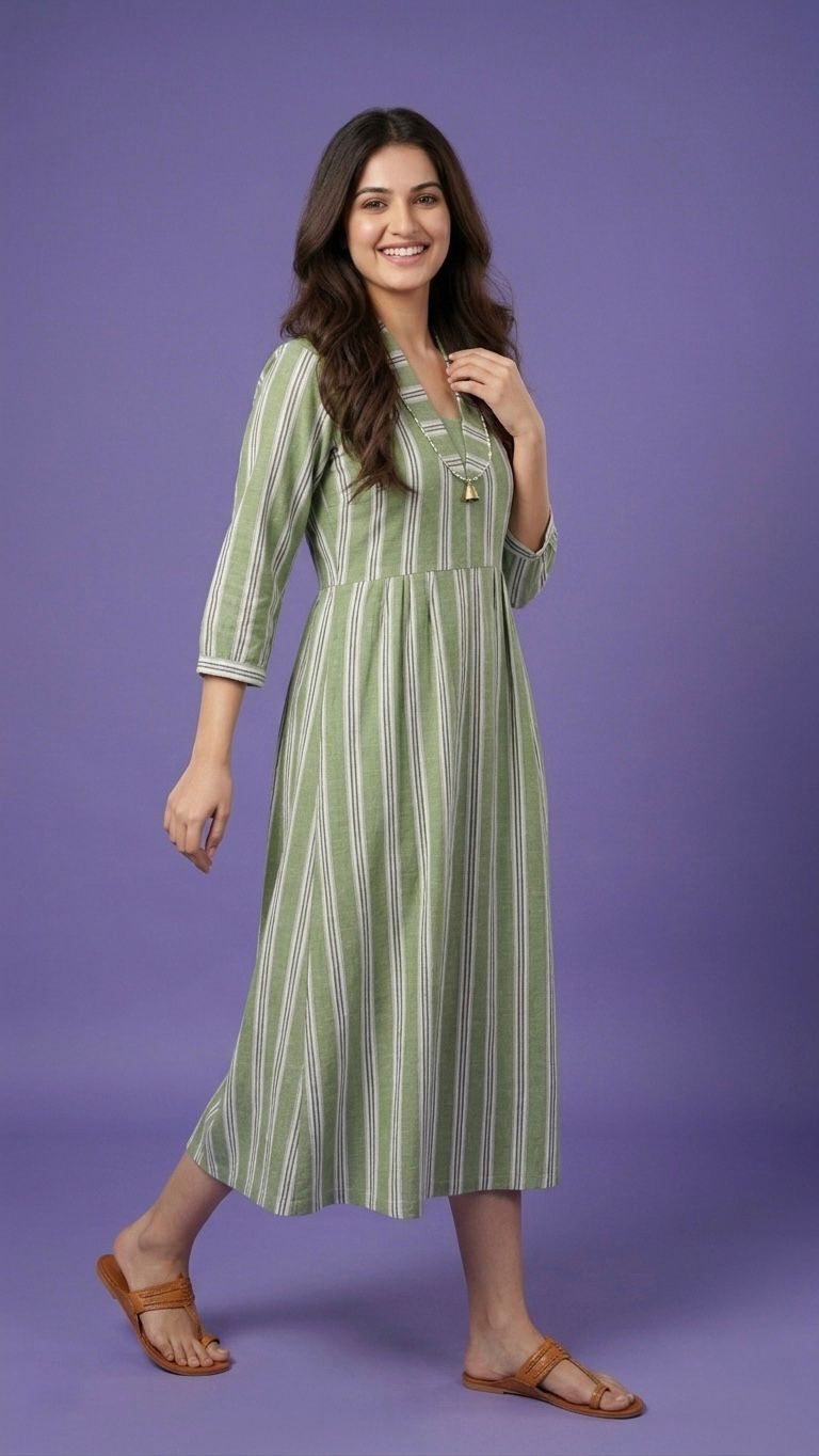 Green Deep V Neck Cotton Striped Kurta