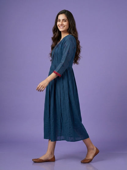 Blue V Neck Cotton Linen Kurta