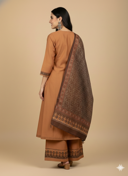 Brown V Neck Silk Kurta Set with Dupatta
