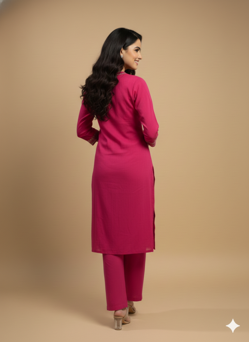 Pink V Neck Cotton Kurta