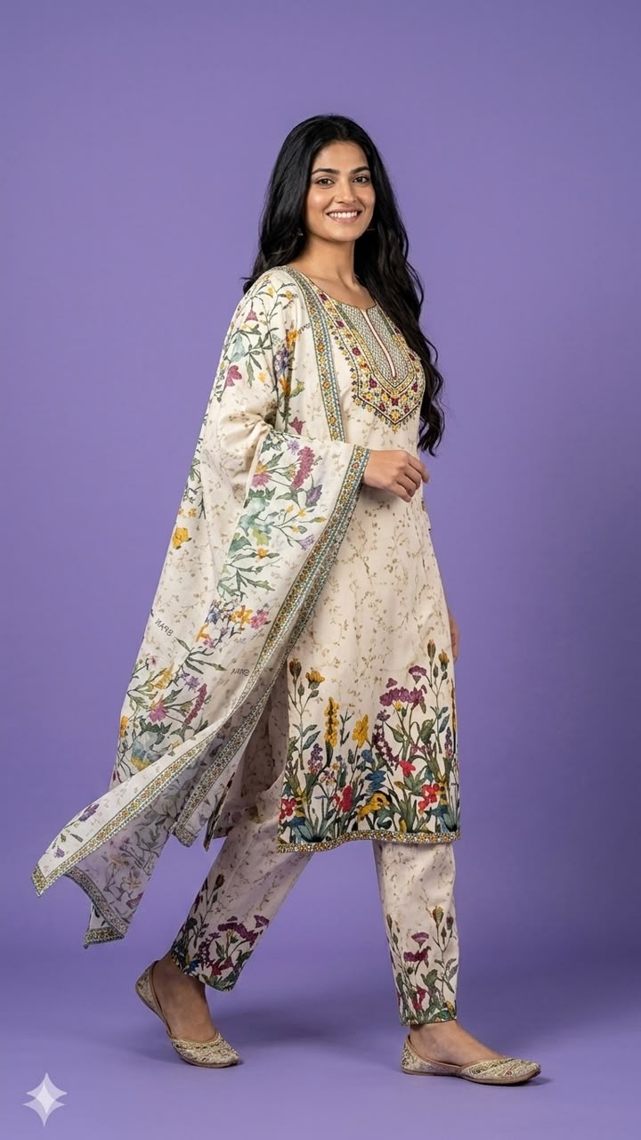 Ivory Round Neck Cotton Kurta Set with Dupatta