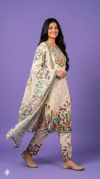 Ivory Round Neck Cotton Kurta Set with Dupatta