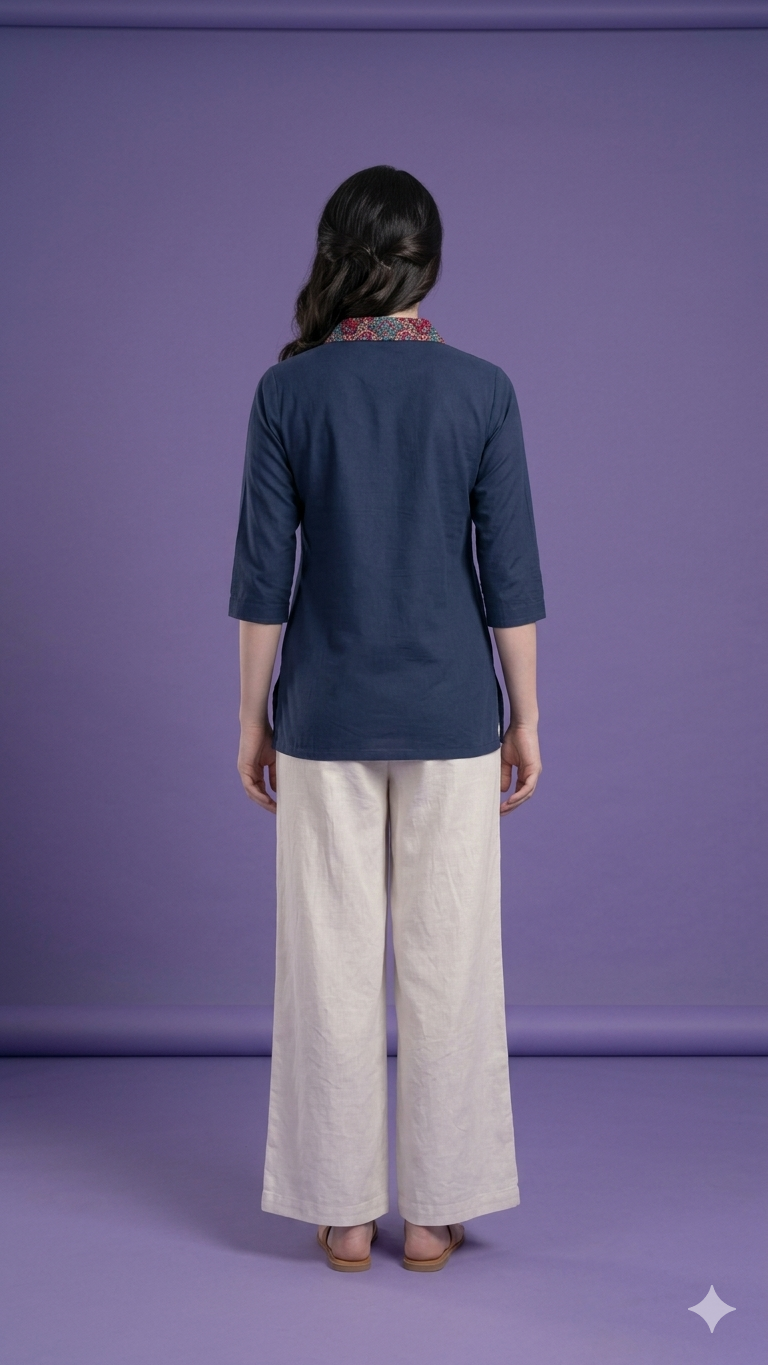 Blue Collard Cotton Short Kurta