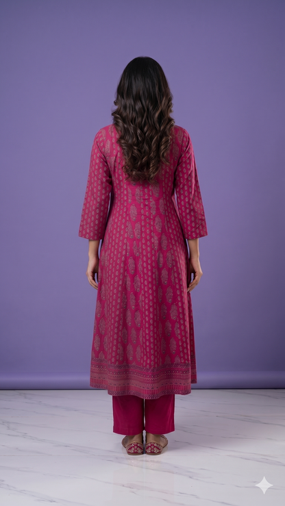 Pink V Neck Cotton Kurta Set with Dupatta