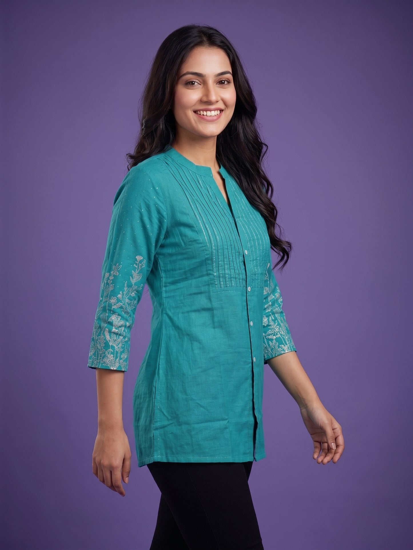 Green Mandarin Neck Cotton Short Kurta