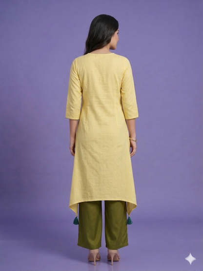 Yellow Round Neck Cotton Kurta