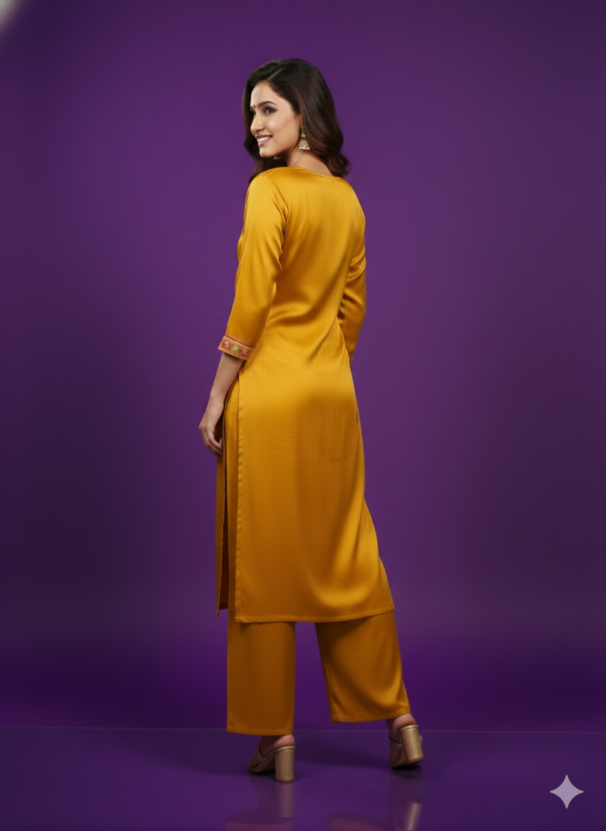 Yellow V-Neck Gaji Silk Kurta Set with Dupatta