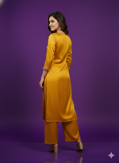 Yellow V-Neck Gaji Silk Kurta Set with Dupatta