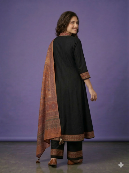 Black V Neck Silk Kurta Set with Dupatta
