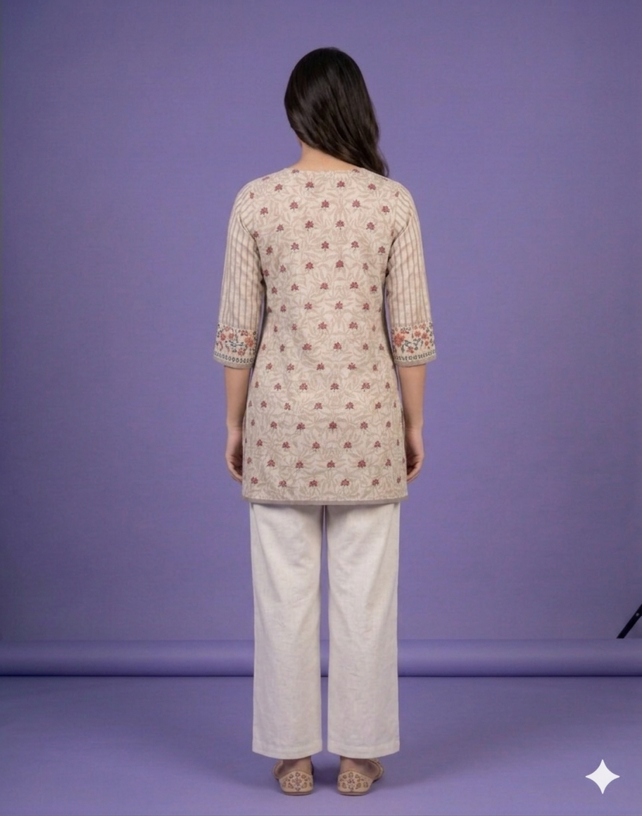 Ivory Round Neck Cotton Short Kurta
