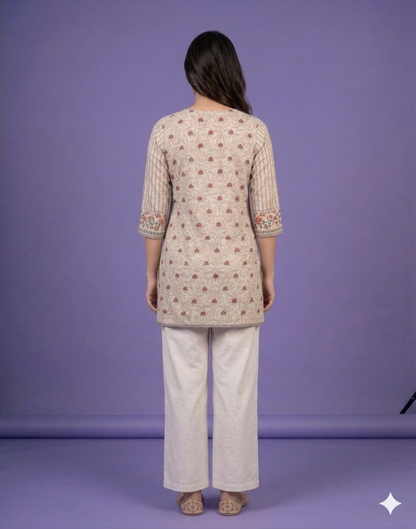 Ivory Round Neck Cotton Short Kurta