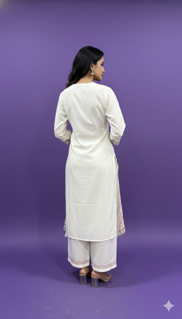 Ivory V Neck Cotton Kurta Set with Dupatta