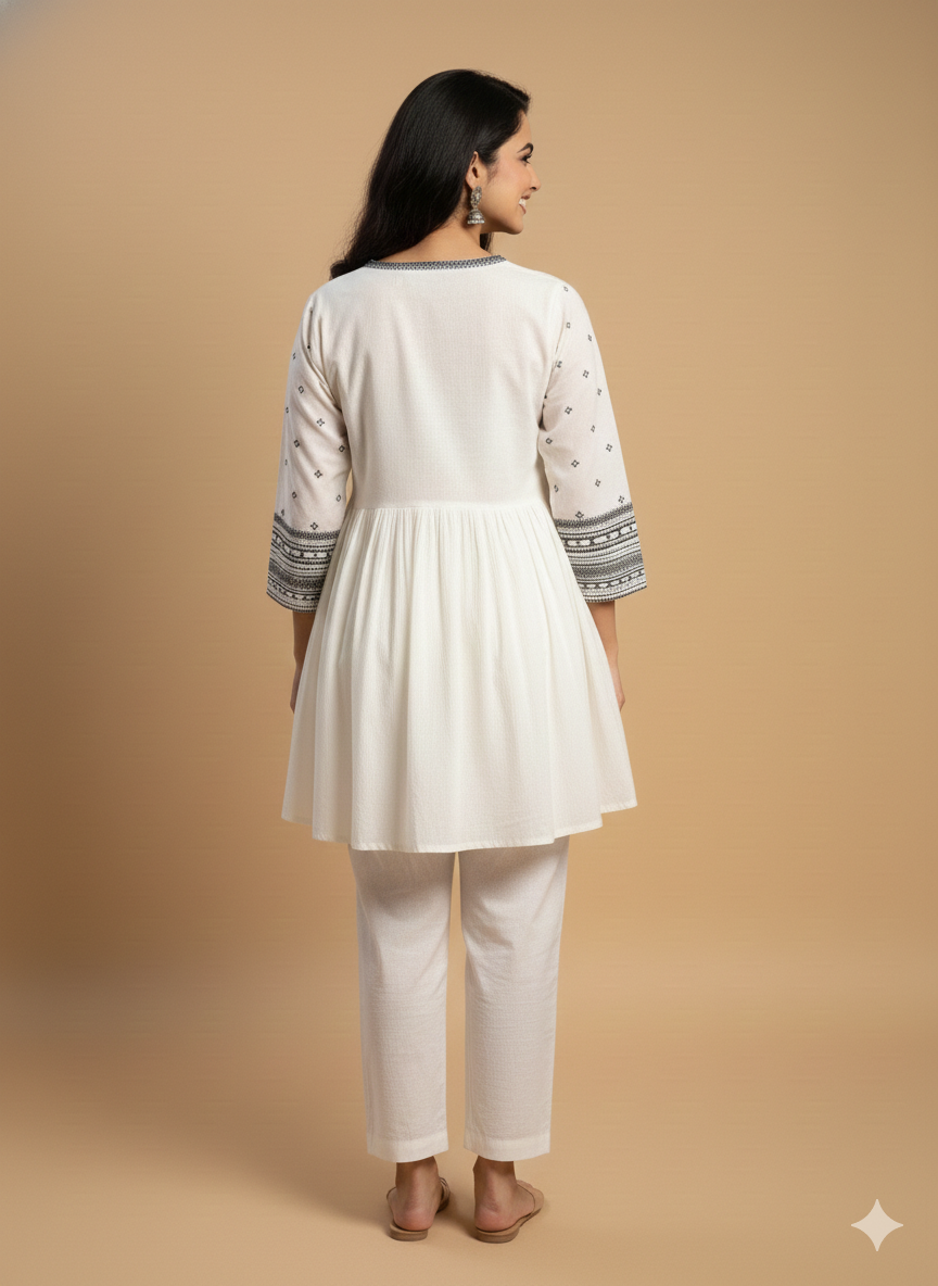 Ivory V neck Cotton Short Kurta