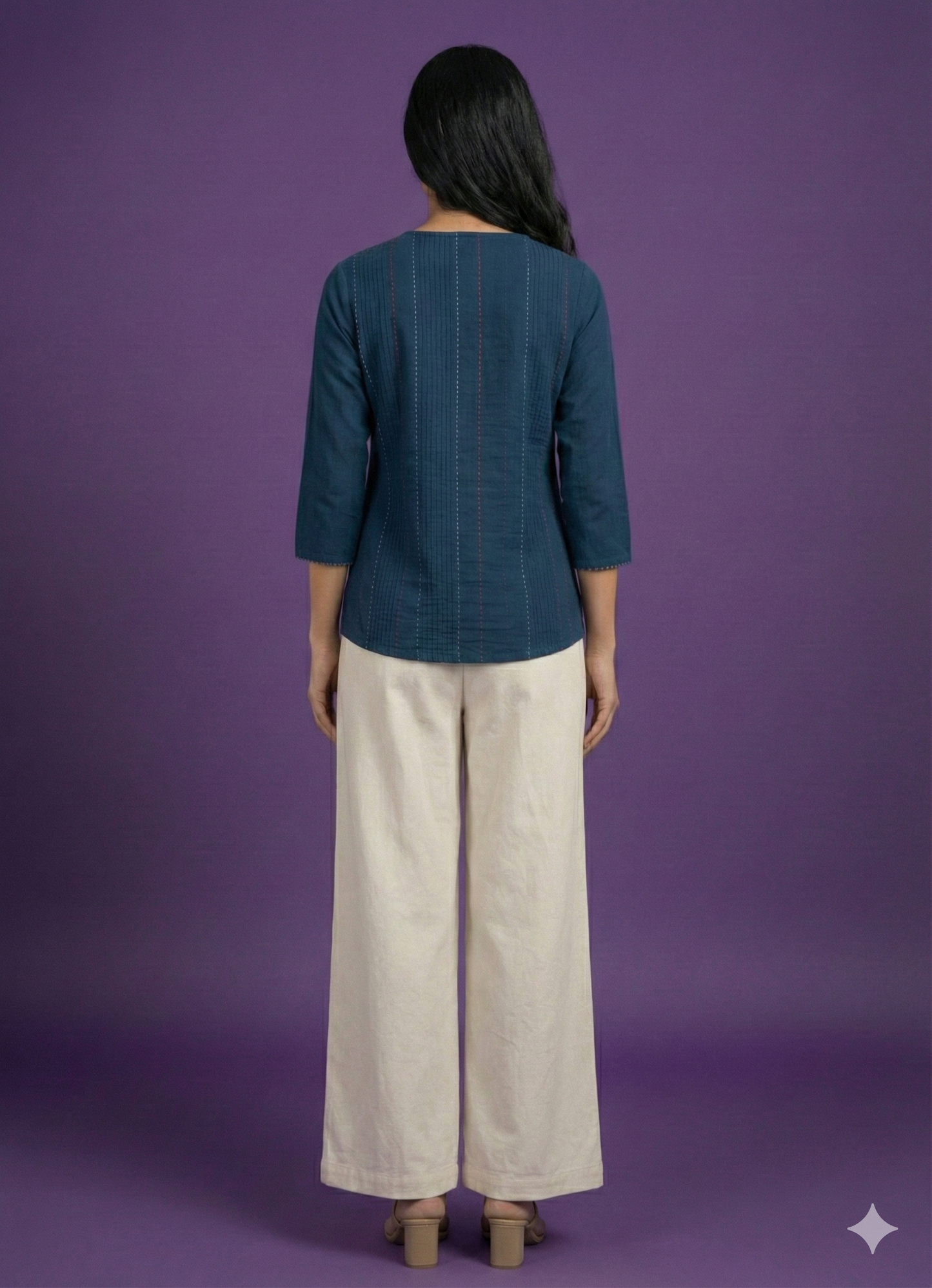 Blue V Neck Cotton Short Kurta