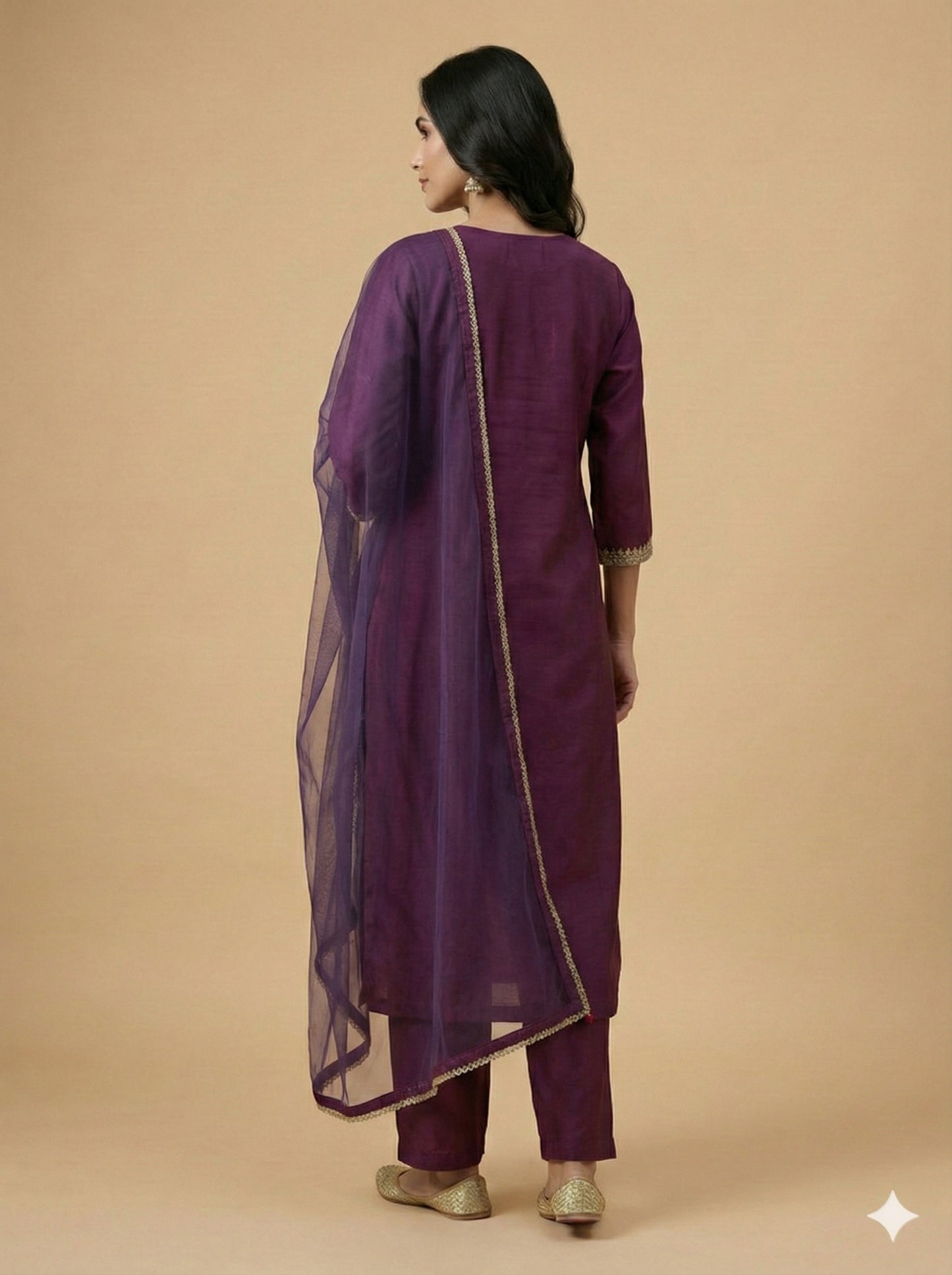 Purple Round Neck Silk Kurta Set with Dupatta