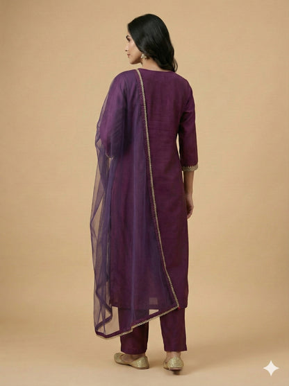 Purple Round Neck Silk Kurta Set with Dupatta