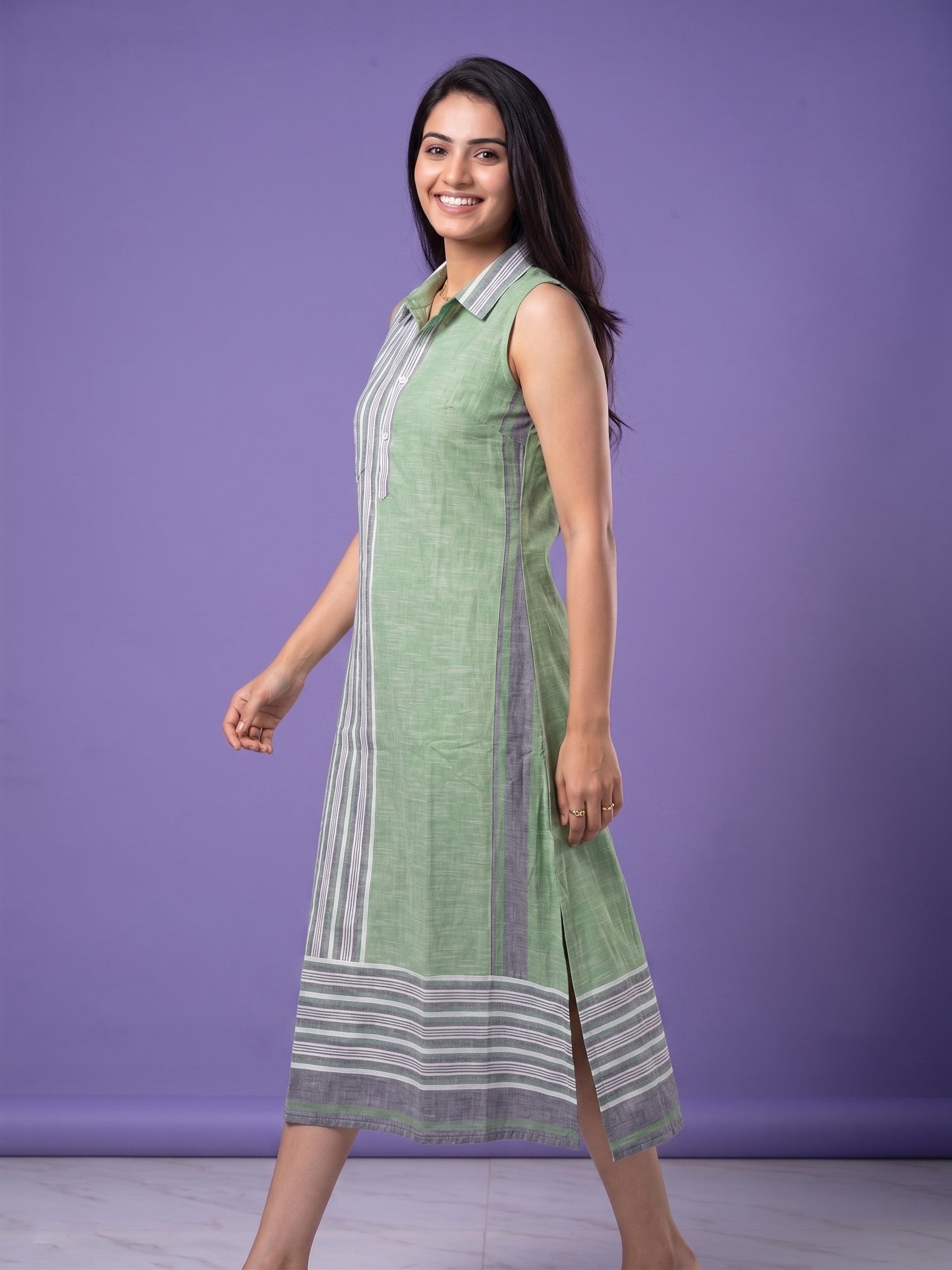 Green Collared Neck Cotton Striped Sleeveless Kurta