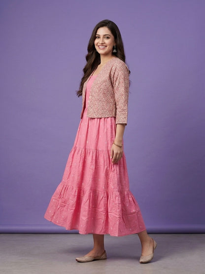 Pink Round Neck Cotton Linen Gown With Crop Jacket