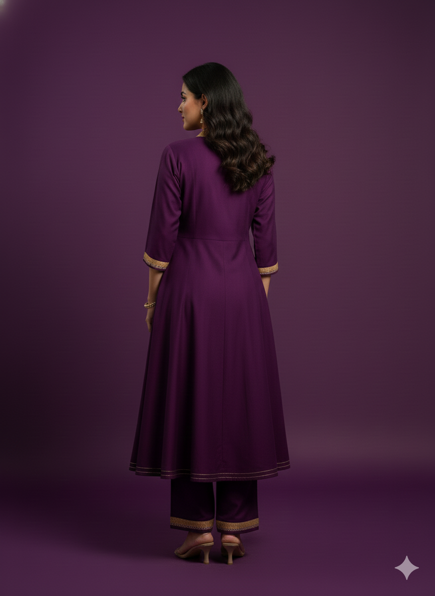 Purple V Neck Silk Kurta Set