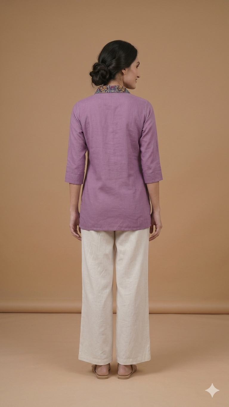 Purple Collard Cotton Short Kurta