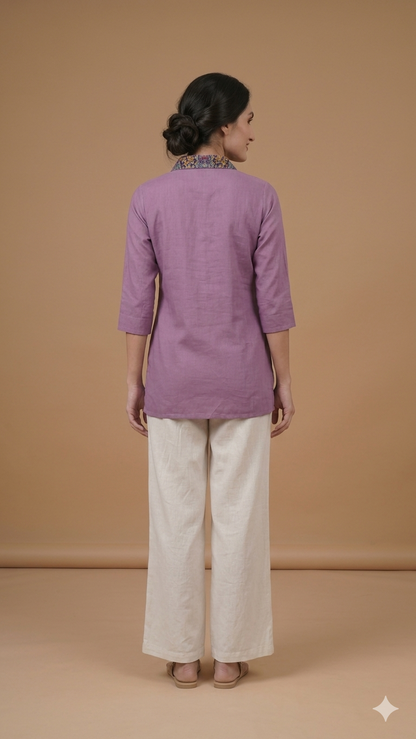 Purple Collard Cotton Short Kurta