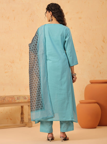 Green V Neck Cotton Kurta Set with Dupatta