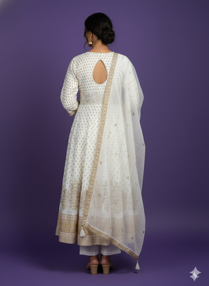 White Round Neck Silk Kurta Set with Dupatta