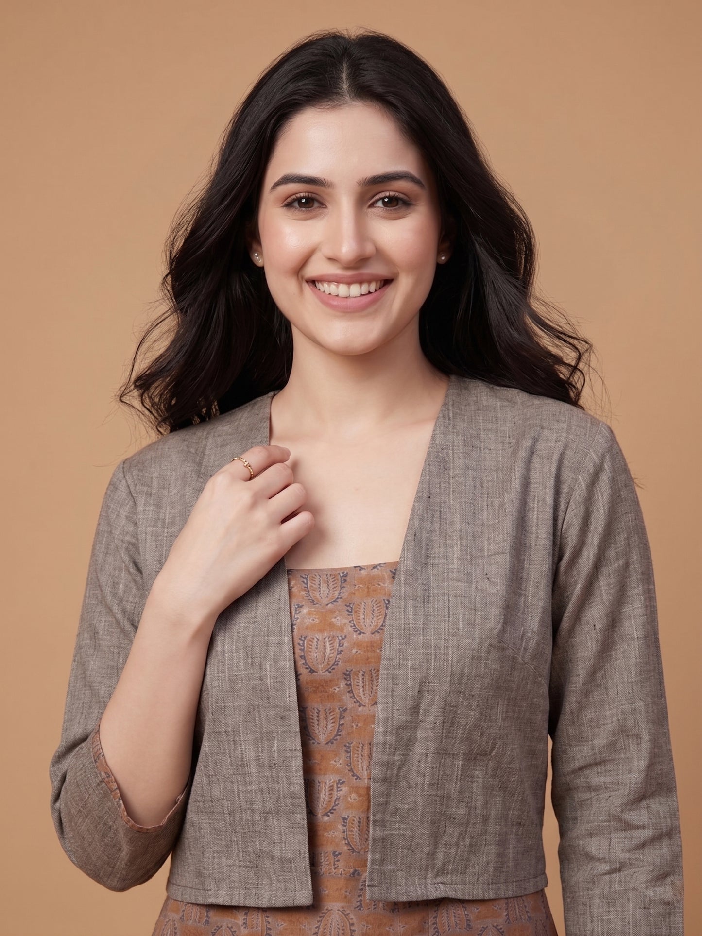 Grey Round Neck Cotton Naps Gown With Crop Jacket