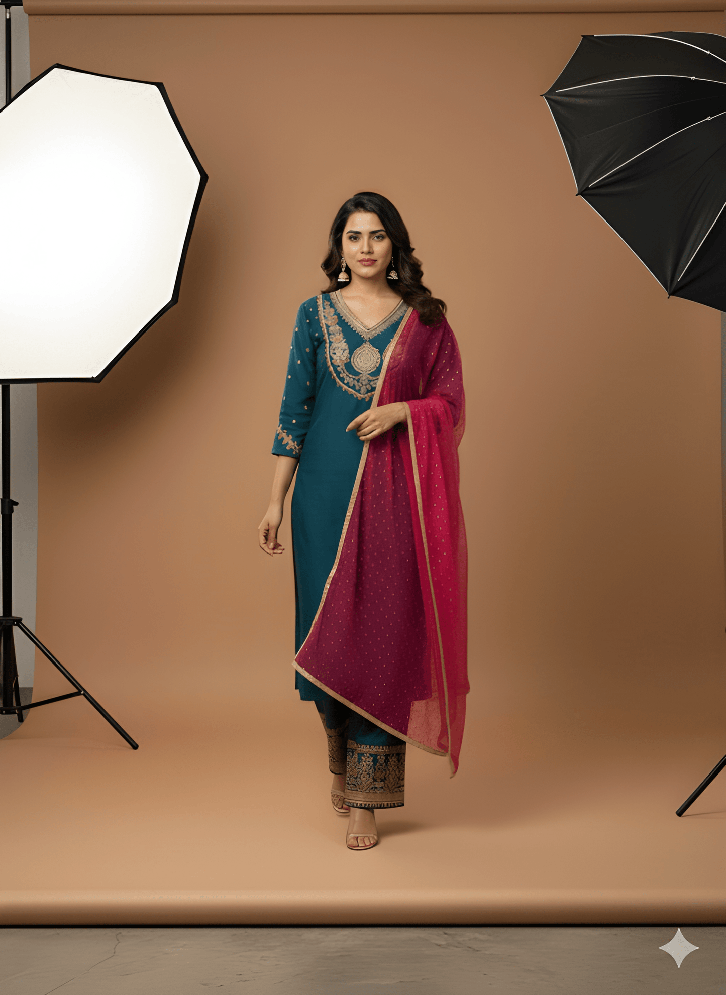 Blue V Neck Silk Kurta Set with Dupatta