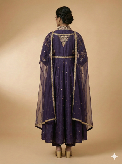 Purple Deep V Neck Viscose Kurta Set with Dupatta