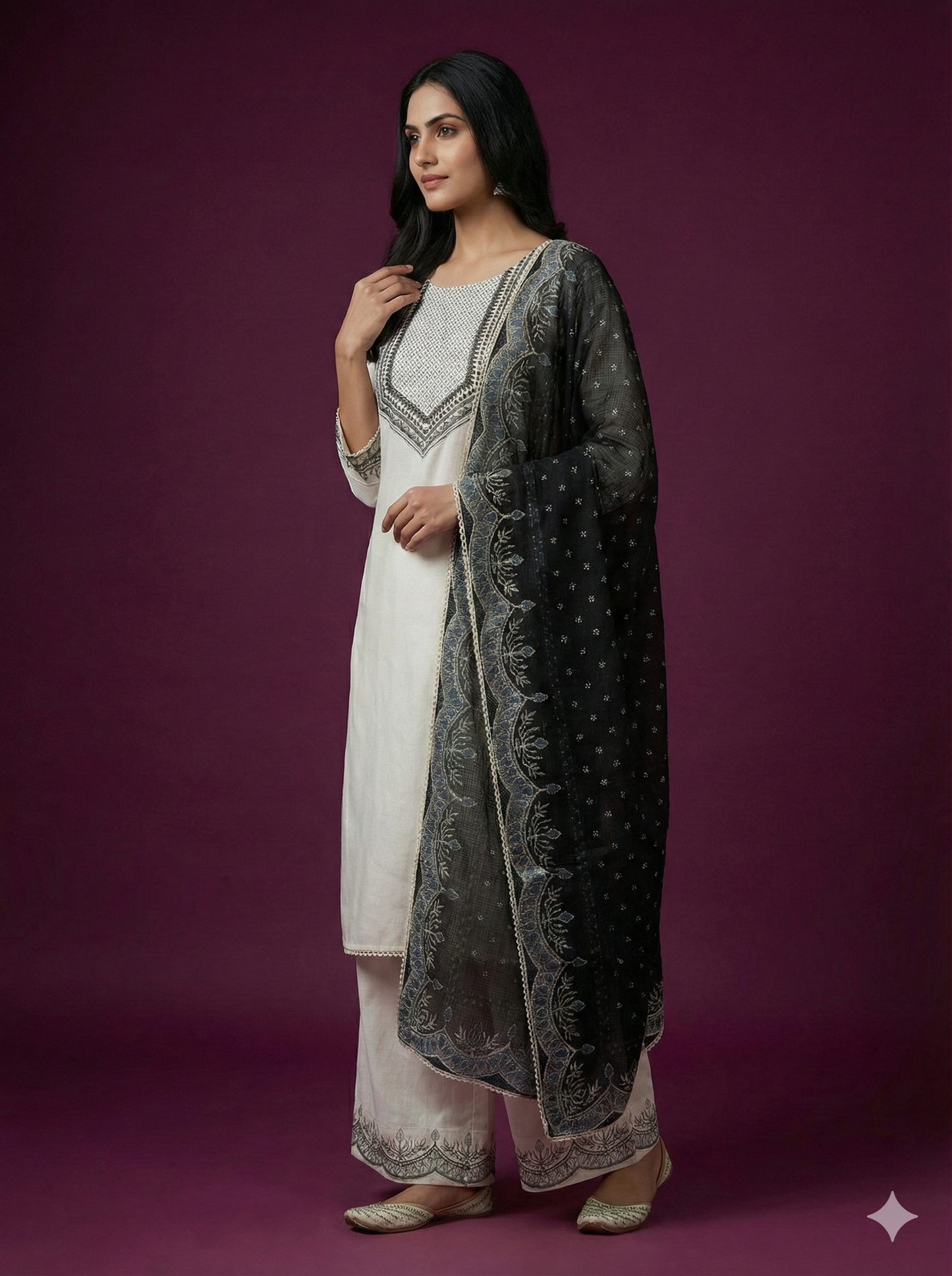 Ivory Round Neck Cotton Kurta Set with Dupatta
