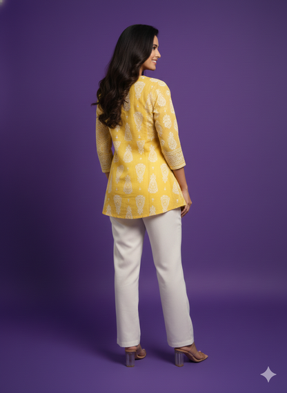 Yellow Mandarin Cotton Short Kurta