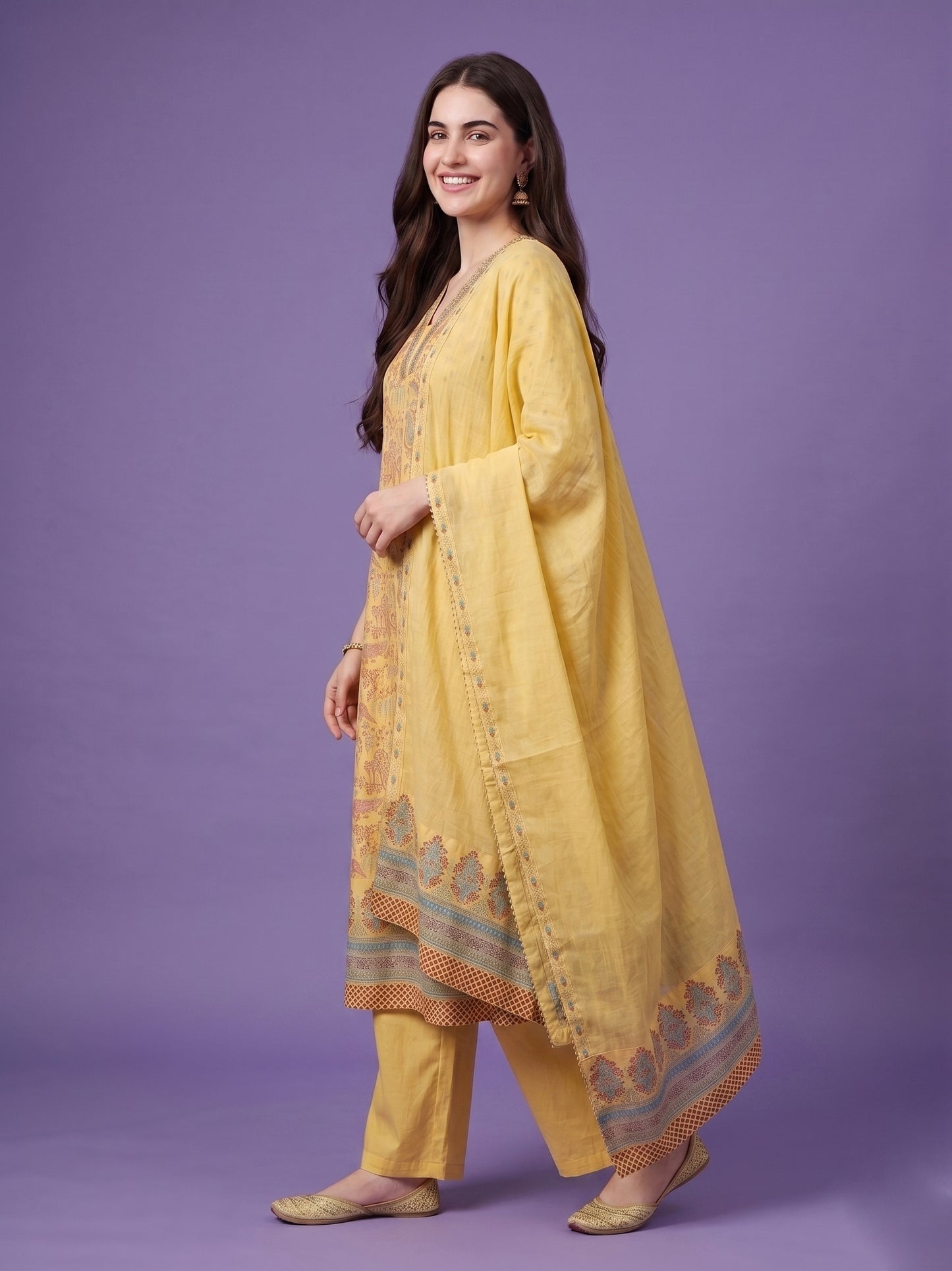 Yellow Deep V Neck Cotton Kurta Set with Dupatta