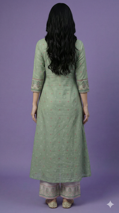 Green V Neck Cotton Kurta