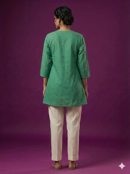 Green V neck Cotton Short Kurta