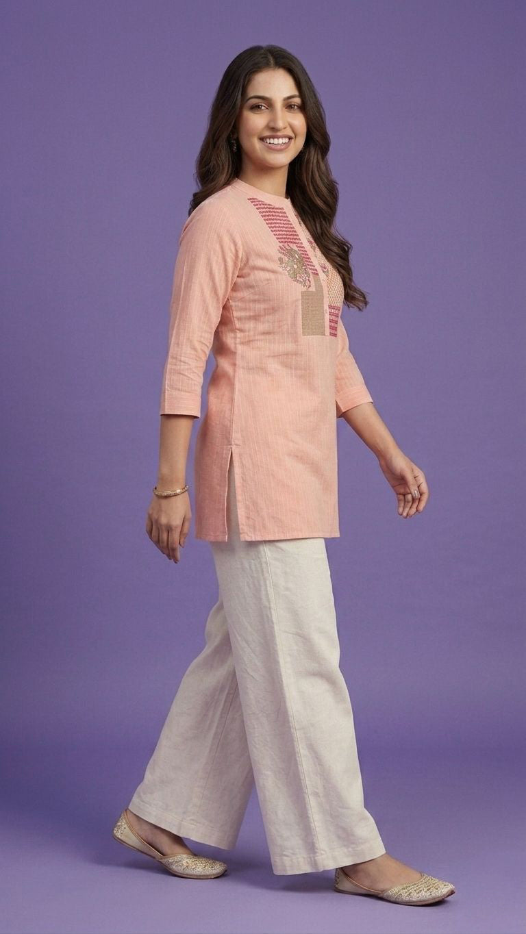 Pink Mandarin Neck Cotton Short Kurta