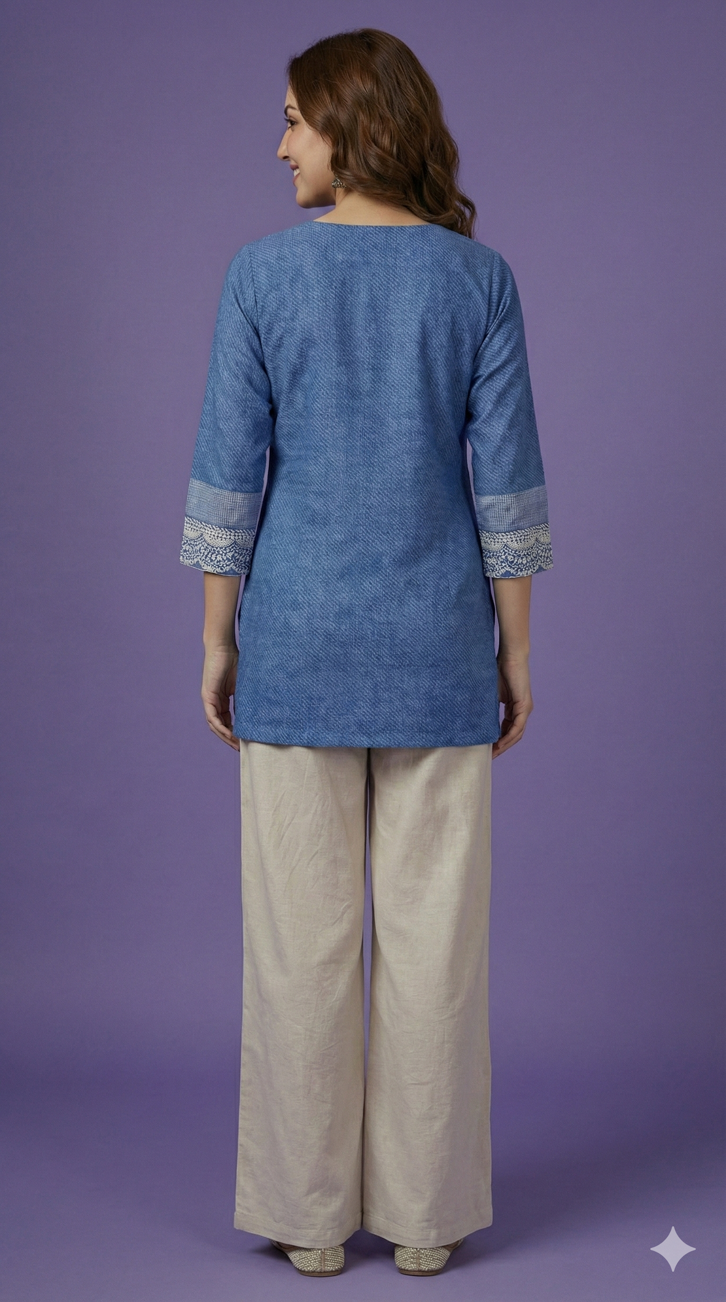 Blue Round Neck Cotton Short Kurta