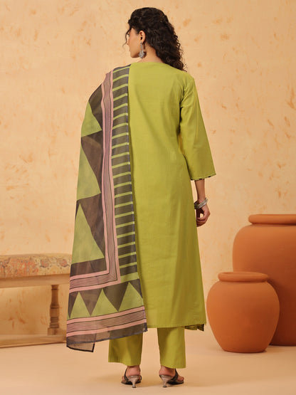 Green V Neck Cotton Kurta Set with Dupatta