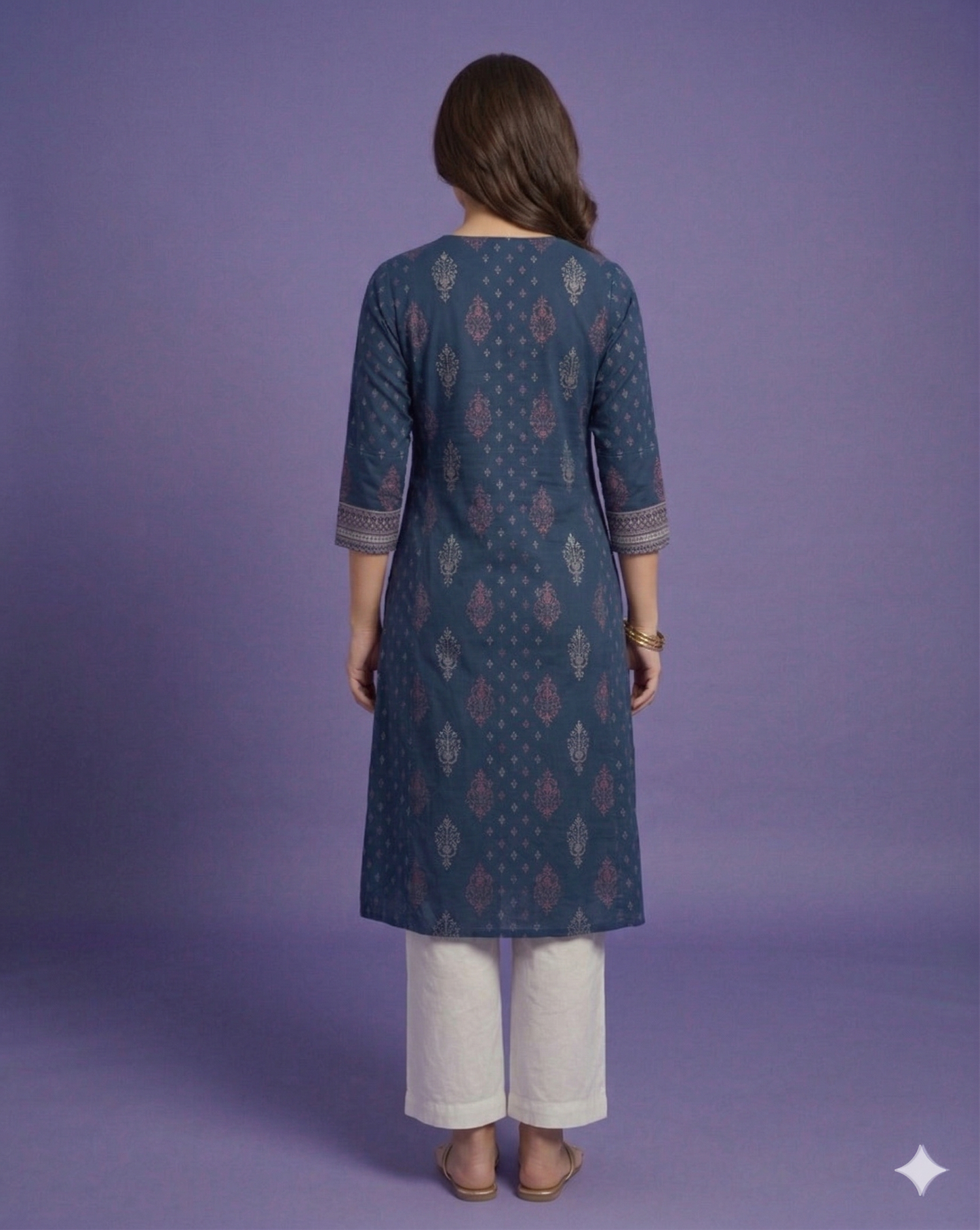 Blue V Neck Cotton Kurta