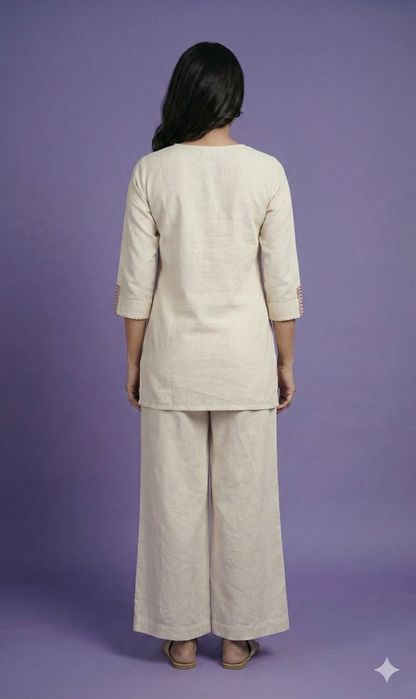 Ivory Round Neck Cotton Short Kurta