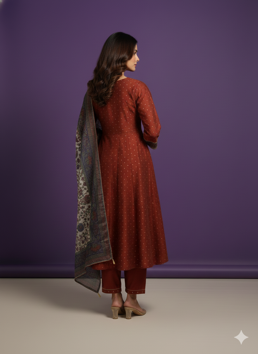 Brown V-Neck Silk Kali Kurta Set with Dupatta