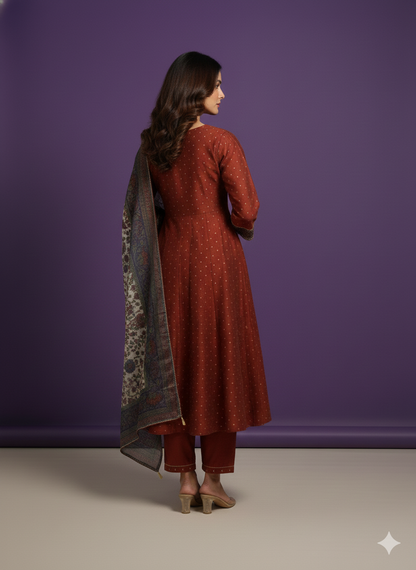 Brown V-Neck Silk Kali Kurta Set with Dupatta