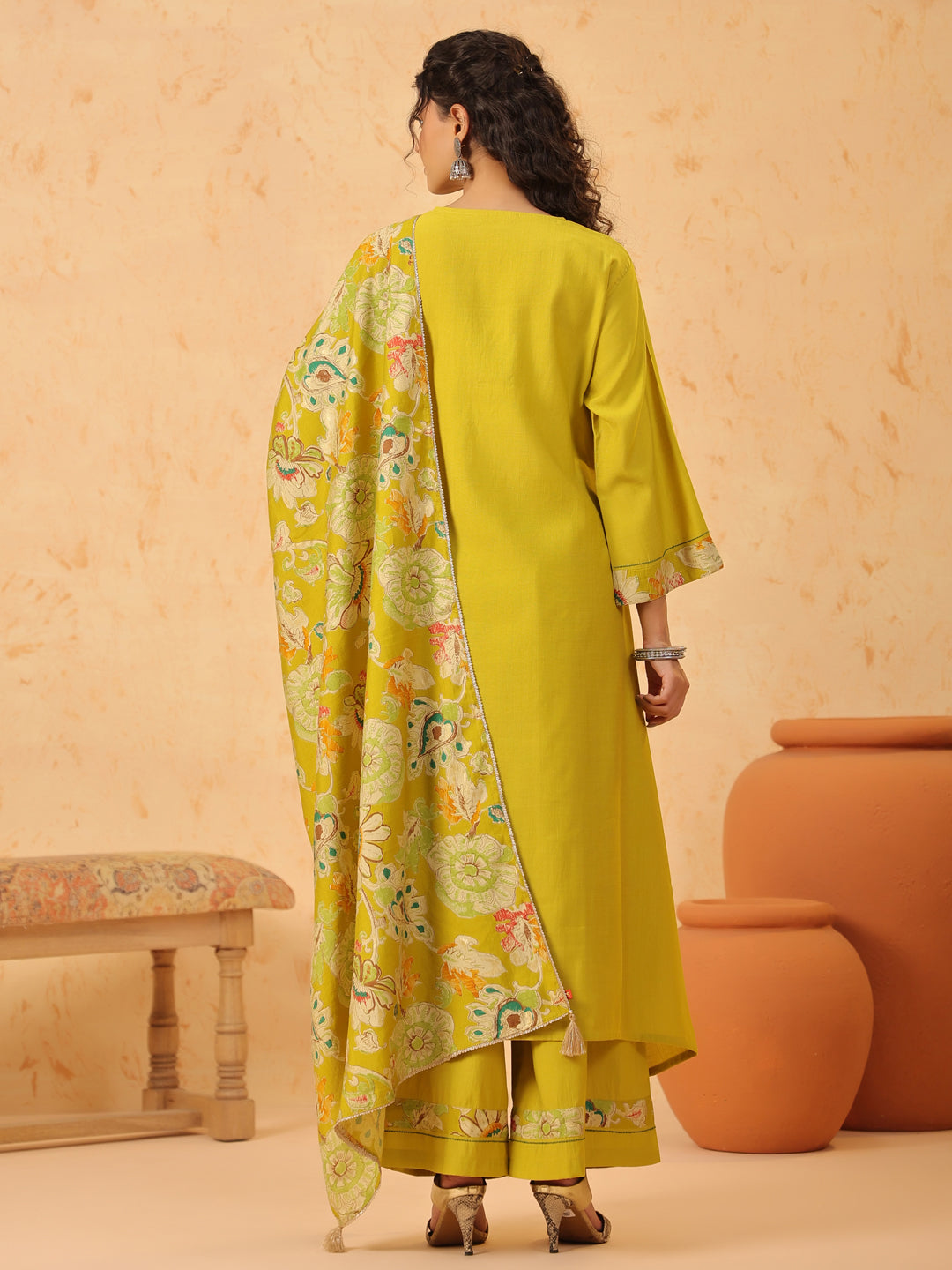 Green V Neck Viscose Kurta Set with Dupatta