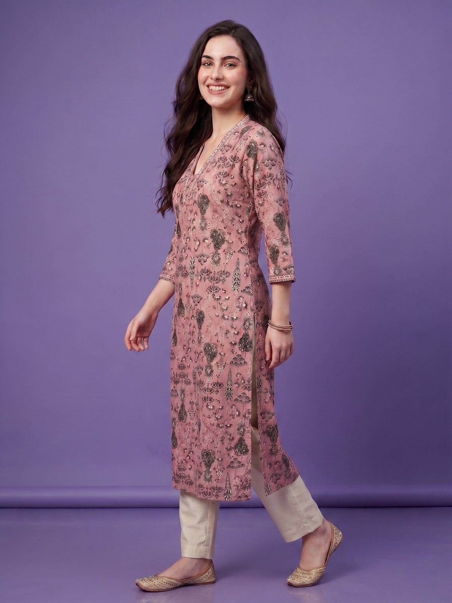 Pink V Neck Cotton Kurta